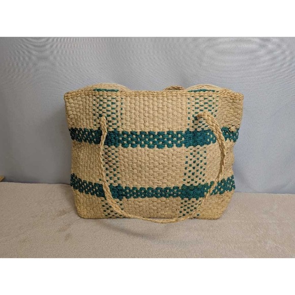 The Unbranded Brand Handbags - Woven Straw Tote Bag Teal Stripes Zipper Top Bohemian Beach Vacation Carryall